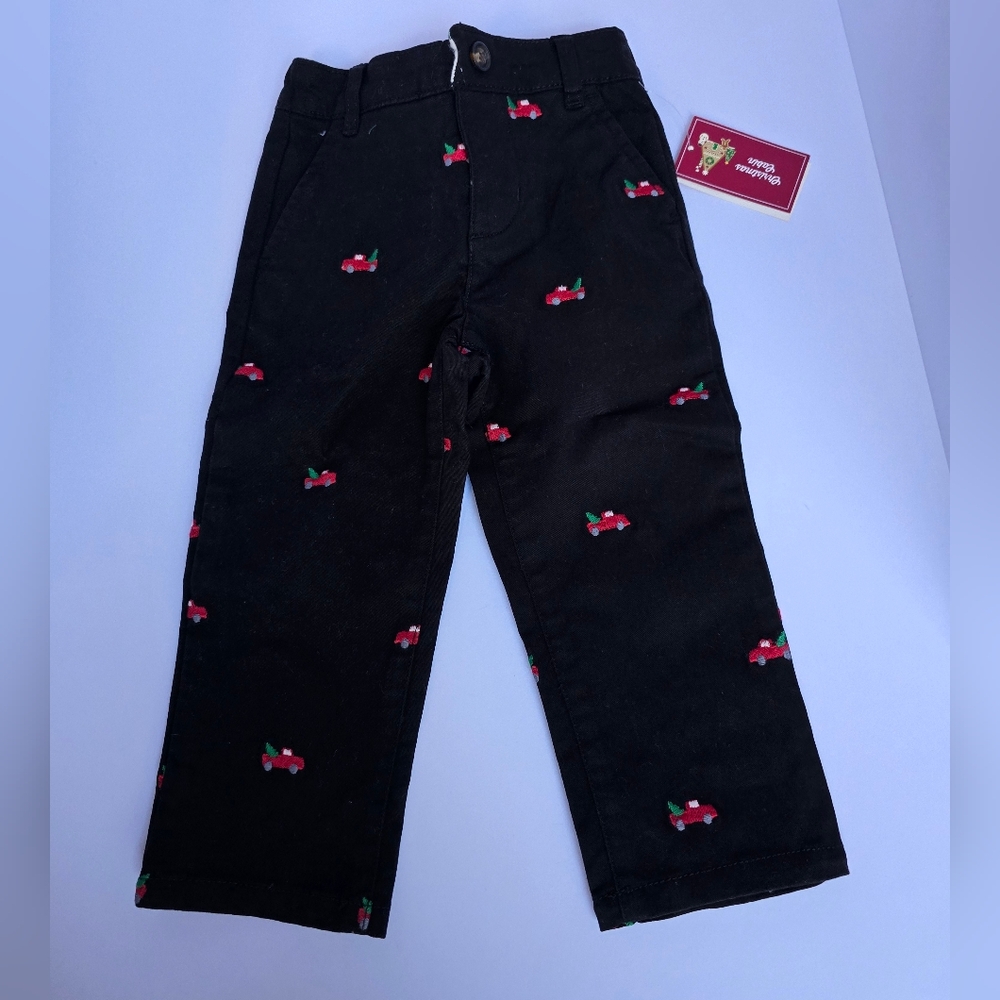 Gymboree Black Pants with Christmas Red Trucks Holding Pine Trees